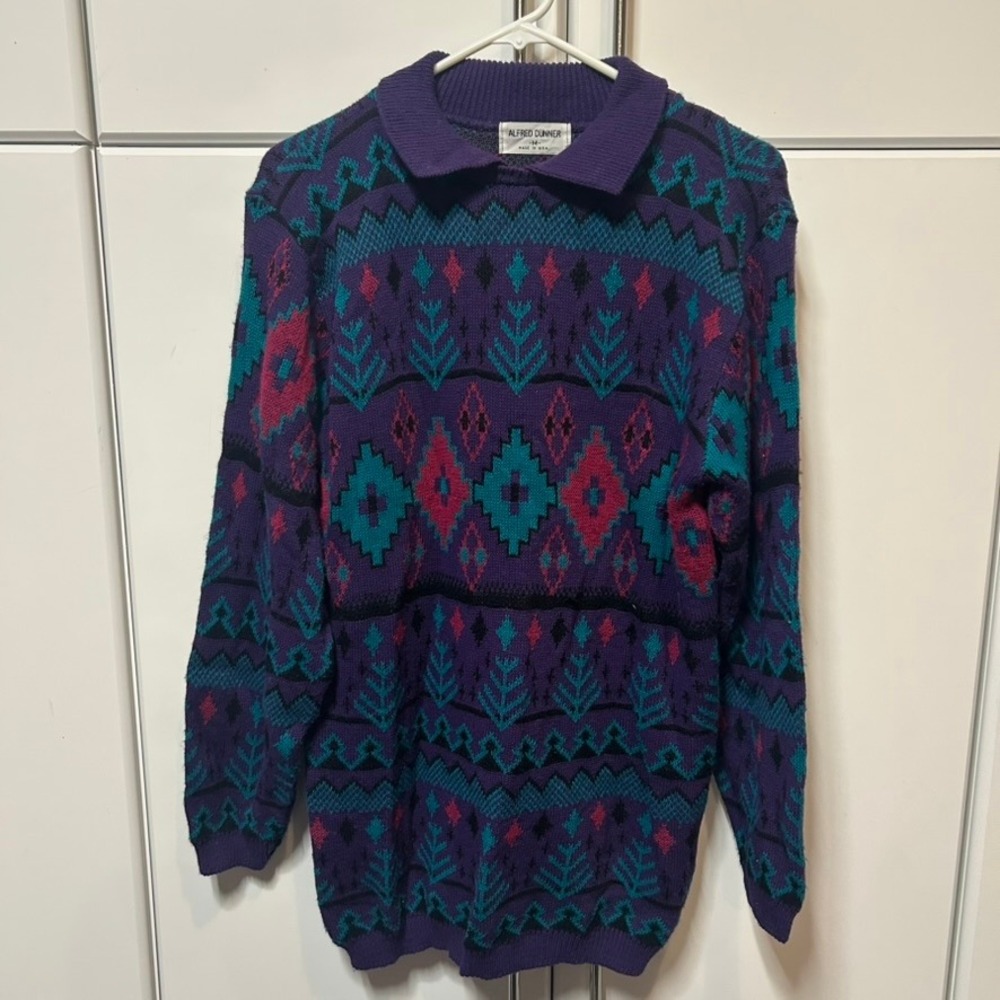 Alfred Dunner Vintage Purple Southwestern Geometric Knit Polo Sweater Medium
